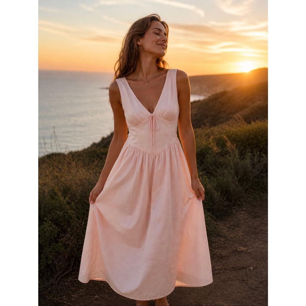 Band of the Free Embroidered Soft Pink Midi Dress Pockets Size Medium